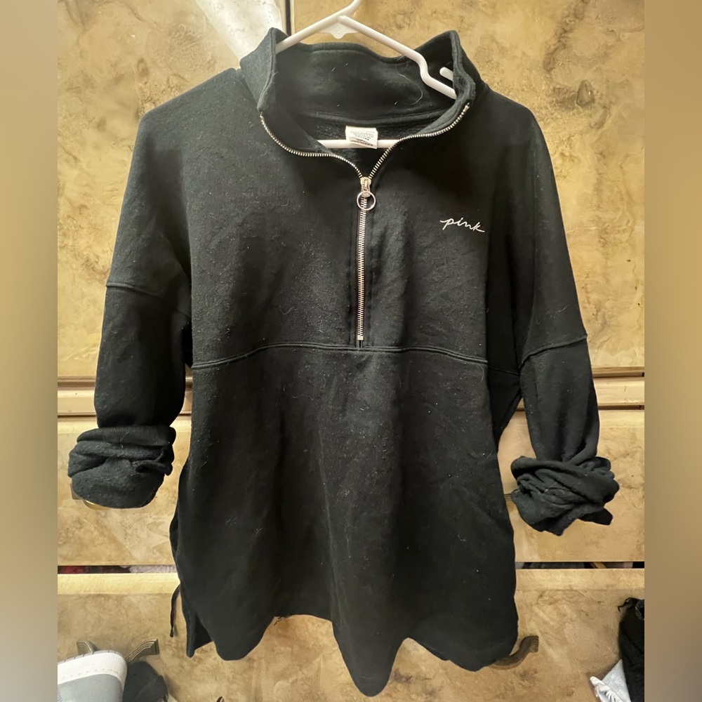 pink quarter zip varsity jacket